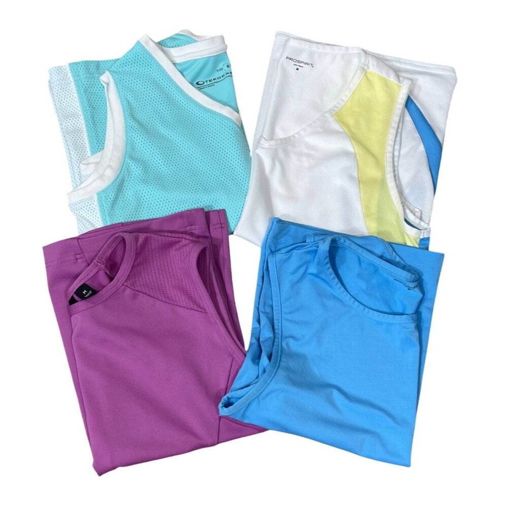 4 Athletic Tank Tops M Medium Sport Top Stretch Blue Pink Womens (READ)